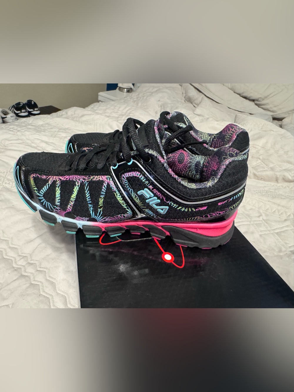 Fila Women's Black Athletic Sneakers with Pink and Turquoise Accents